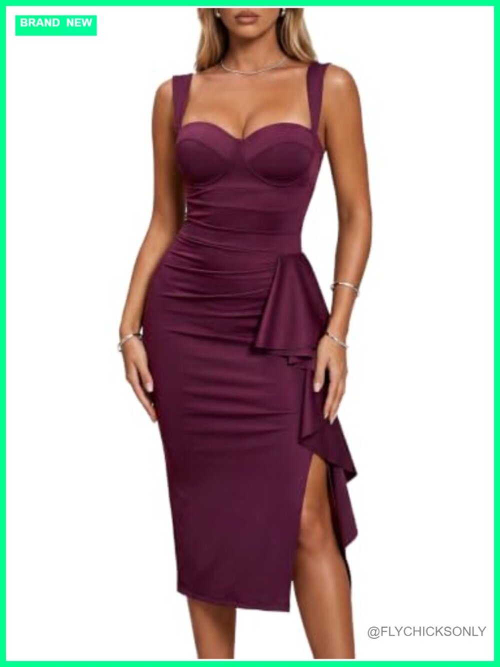 Ruched Bodycon Built-in Bra Sweetheart Midi Dress High Slit